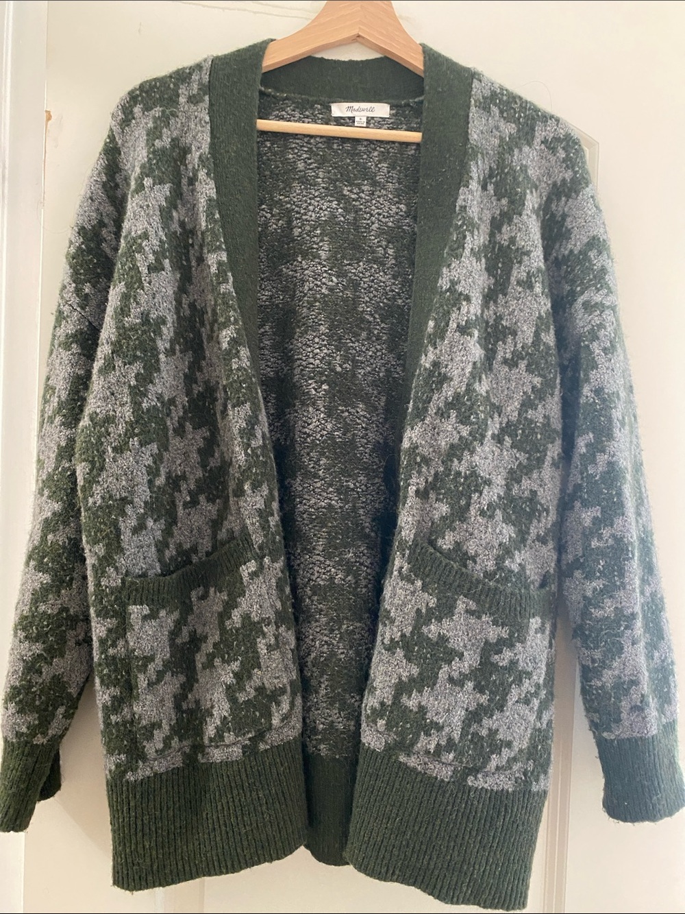 Madewell Green and Gray Houndstooth Wool-Blend Cardigan